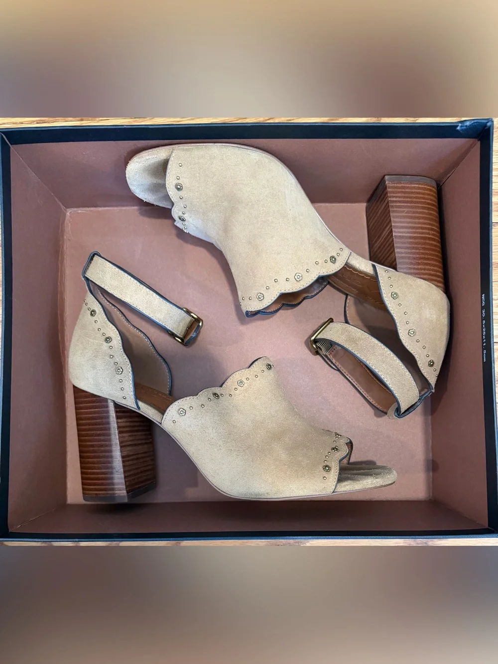 COACH Marnie Suede Block Heel Sandals Women’s 9.5 Tan Ankle Strap Heels w Box